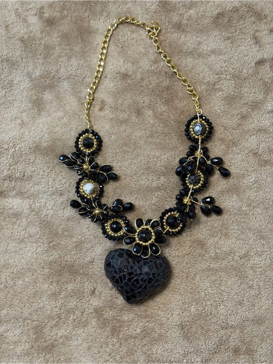 Jewelry - Black Mosaic Heart Statement Necklace - Gold Accent